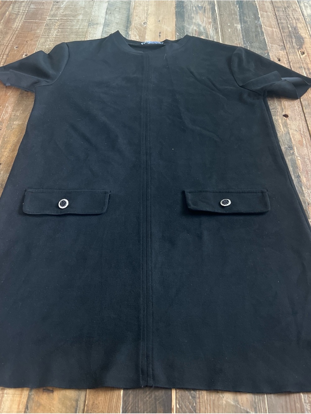 Zara Classic Black Short-Sleeve Shift Dress with Pocket Flaps